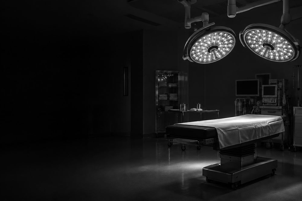 An empty operating room with an operating table and surgical lights