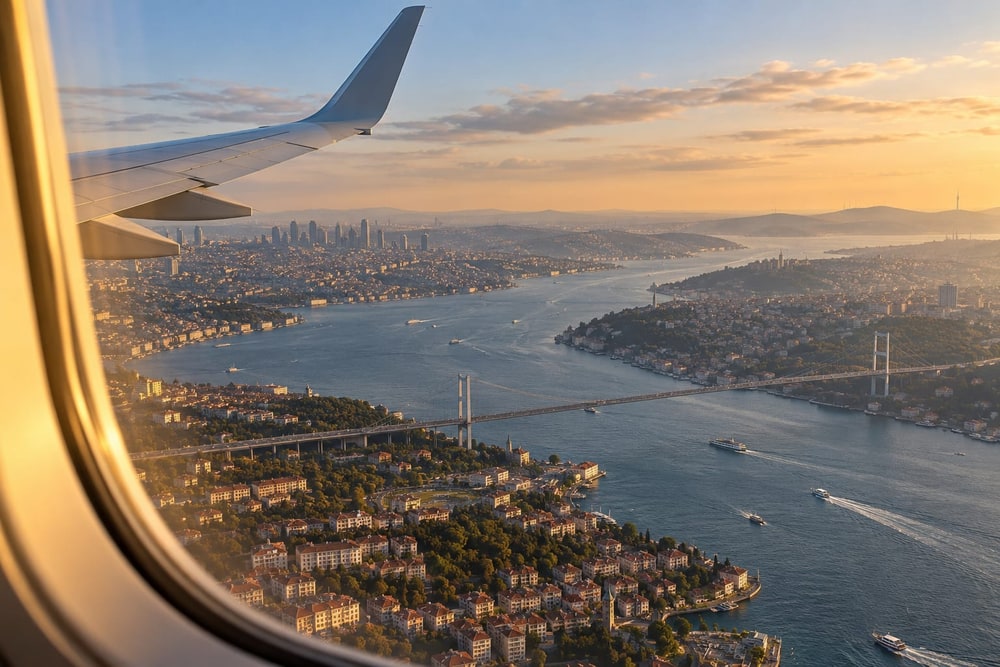 Istanbul and the Bosphorus seen from an airplane window